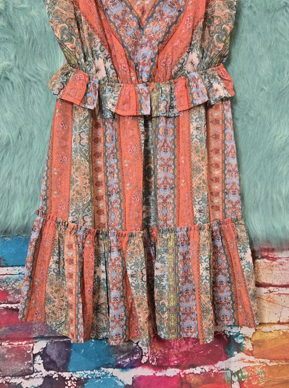 Flying Tomato Orange Green and Pink Floral Spaghetti Strap Dress Size M - Picture 4 of 8